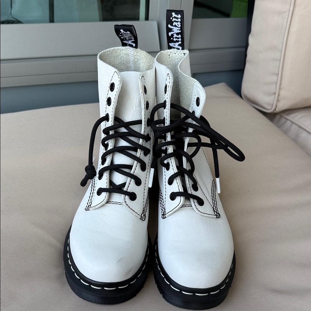 White Dr. Martens Leather Lace-Up Boots